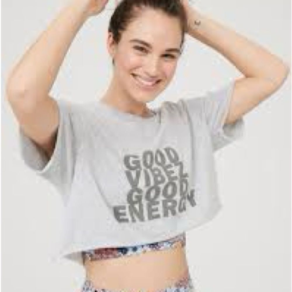 Aerie Gray Good Vibes Good Energy Boxy Crop Shirt